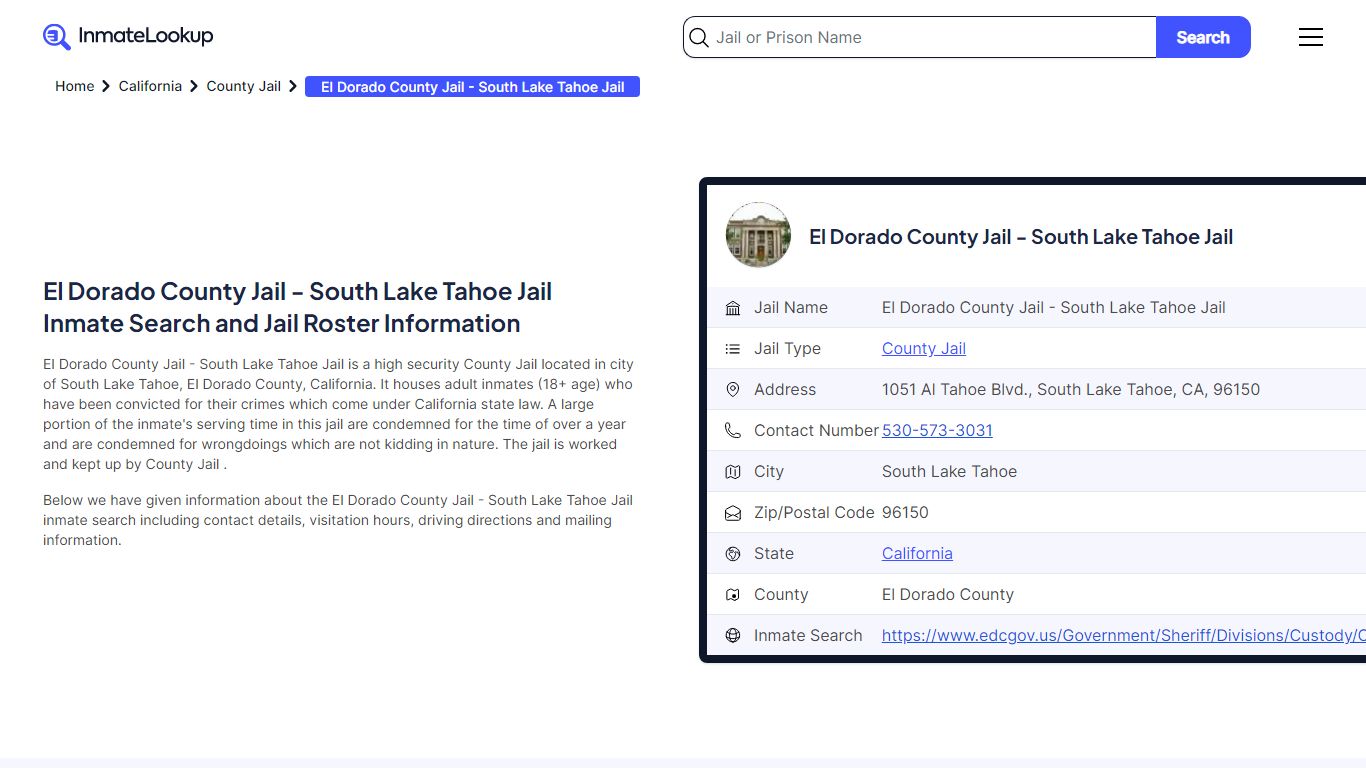 El Dorado County Jail - South Lake Tahoe Jail (CA) Inmate Search ...